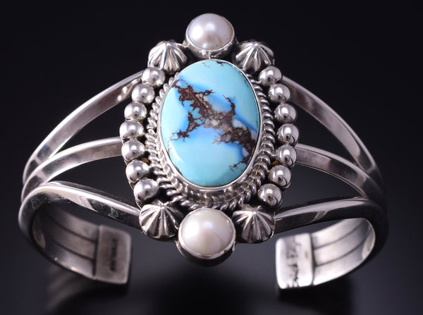 Silver & Golden Hills Turquoise Fresh Pearl Navajo Bracelet by Erick Begay 5B26A