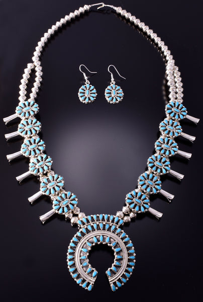 Silver & Kingman Turquoise Navajo Necklace & Earring Set by Milton James 4F04F