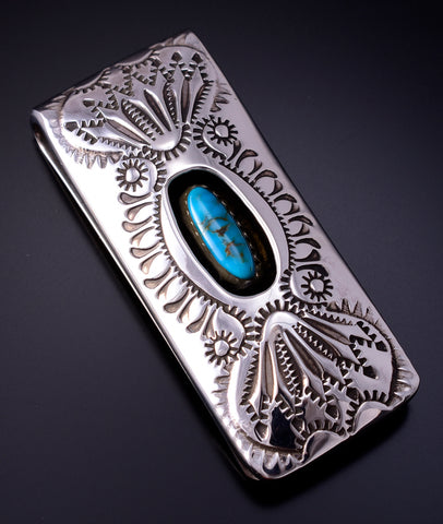 Silver & Turquoise Navajo Handstamped Money Clip by Shirley Skeets 5B14O