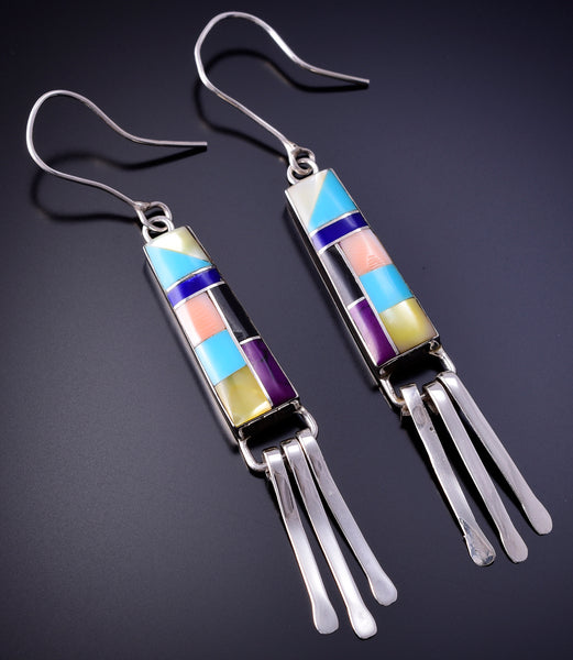 Silver & Turquoise Multistone Navajo Inlay Earrings 4K07M