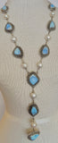 Silver & Golden Hills Turquoise / Pearl Navajo Lariat Necklace Erick Begay 4C29X