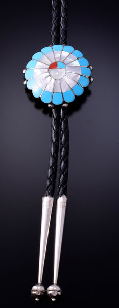 Turquoise and Mother of Pearl Zuni Sunface Bolo Tie by Denise Suitza - 4L26P