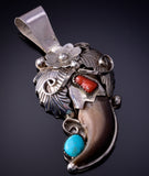 Silver & Turquoise Coral w/ Bear Claw Navajo Pendant by Jerry Thompson 4L22S