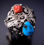 Size 10-1/2 Silver & Turquoise Coral Navajo Men's Ring by Sarah Yazzie 4L10O