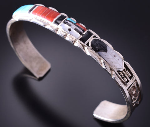 Silver & Turquoise Multistone Zuni Inlay Sunface Feather Bracelet Don Dewa 4E27G