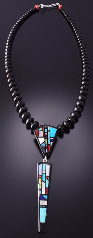 28" Onyx & Multistone Santo Domingo Pueblo Inlay Necklace by Chris Nieto 4F04B