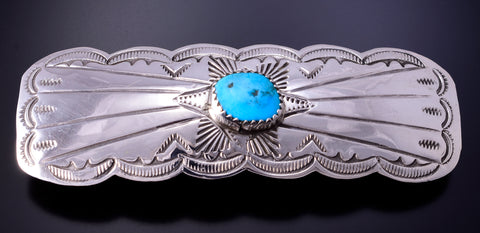 Silver & Turquoise Navajo Handstamped Hair Barrette 4L07D