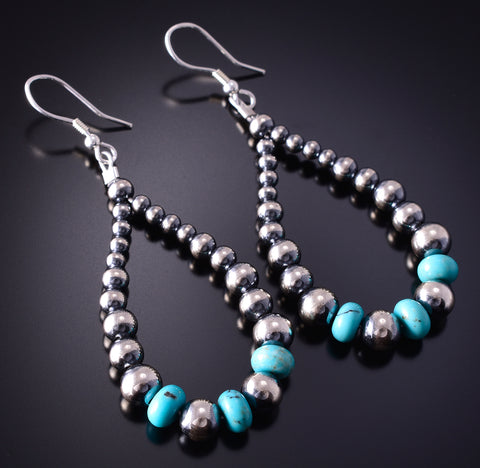 Silver & Turquoise Navajo Pearls Loop Earrings by Vangie Touchine 4F10Z
