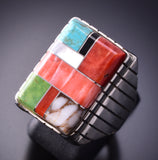 Size 9-1/2 Silver & Turquoise Multistone Navajo Inlay Men's Ring by Trevor Jack 4A25U