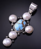 Silver & Golden Hills Turquoise Fresh Pearl Navajo Pendant by Erick Begay 5B26M