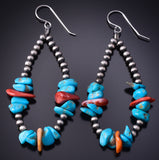 Silver & Turquoise Apple Coral Navajo Pearls Loop Earrings Corraine Smith 5B06D