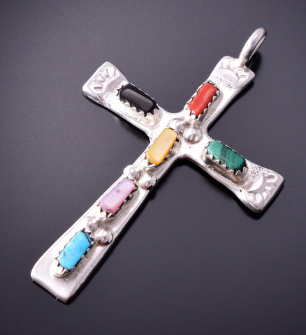 Silver & Turquoise Multistone Zuni Handmade Cross Pendant by Cecelia Iule 4F04Y