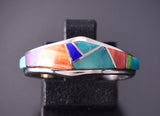 Size 8 Silver & Turquoise Multistone Navajo Inlay Ring by VJ 4F04T