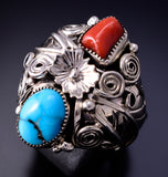 Size 9-1/2 Silver & Turquoise Coral Flower Navajo Men's Ring by Sarah Yazzie 4L10E