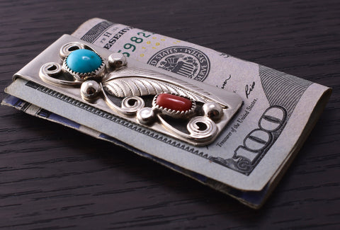 Handmade Turquoise and Coral Navajo Money Clips 3M05A