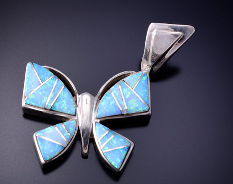 Silver & Opal Navajo Inlay Butterfly Pendant by Joanna Charlie 4L20A