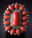 Size 7 Silver & Mediterranean Coral Navajo Cluster Ring by Tom Lewis 4F10R