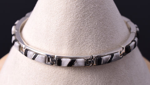 Silver & White Buffalo Turquoise Jet Navajo Inlay Link Bracelet Amy Perry 5A30T