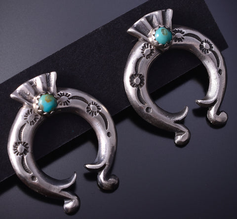 Silver & Turquoise Navajo Squash Blossom Horseshoe Earrings Paige Gordon 4H27B