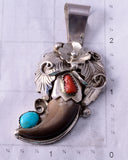 Silver & Turquoise Coral w/ Bear Claw Navajo Pendant by Jerry Thompson 4L22S