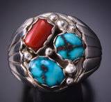 Size 13-1/2 Silver & Turquoise Coral Navajo Ring by Annie Spencer 4M16K