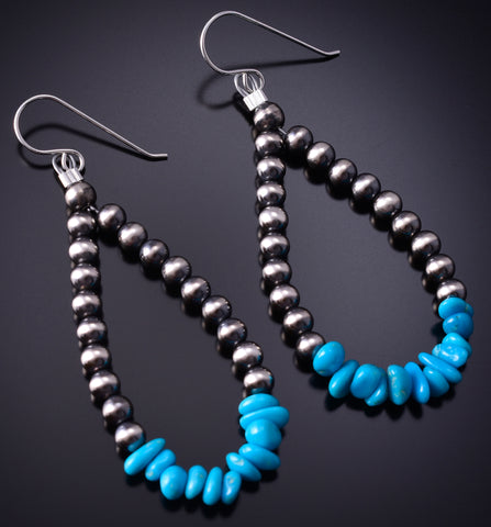 Silver & Kingman Turquoise Navajo Pearls Loop Earrings 5B14V