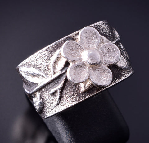 Size 9-1/4 Silver Navajo Tufacast Flower Ring by Rebecca T. Begay 4F23N