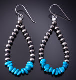 Silver & Kingman Turquoise Navajo Pearls Loop Earrings 5B14V