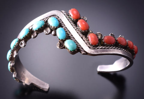 Vintage Silver & Turquoise Coral Navajo Wave Bracelet 4E18J