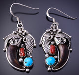 Silver & Turquoise Coral w/ Faux Bear Claw Navajo Earrings 4K07Q