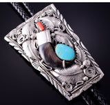 Silver & Turquoise Coral Bear Claw Navajo Bolo Tie by Mike Thomas Jr. 4D15A
