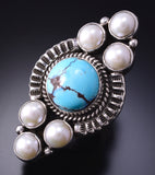 Size 9 Silver & Golden Hills Turquoise Fresh Pearl Navajo Ring Erick Begay 4H33Y