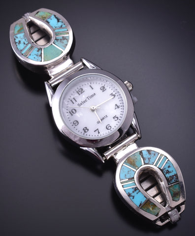 Silver & Turquoise Navajo Inlay Horseshoe Watch by James Manygoats 5B14Z