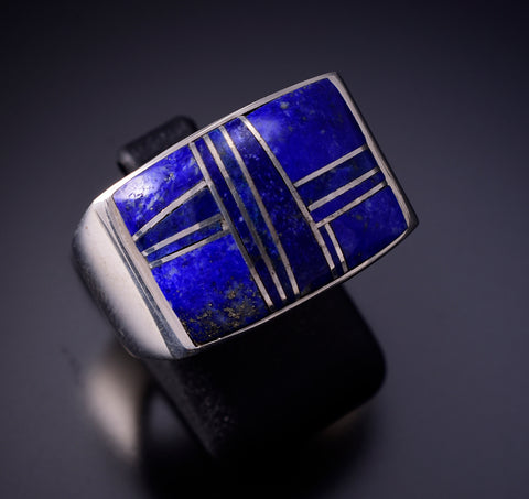 Size 9-3/4 Silver & Lapis Navajo Inlay Men's Ring by Herman Tom 4L22J