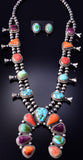 Silver & Turquoise Multistone Navajo Squash Blossom Necklace & Earring Set 4L09E