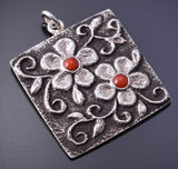 Silver & Coral Navajo Tufacast Flowers Pendant by Rebecca T. Begay 4J30N