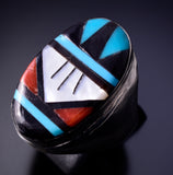 Size 11-1/2 Silver Multistone Zuni Inlay Men's Ring by Gladys Lamy 4L10G