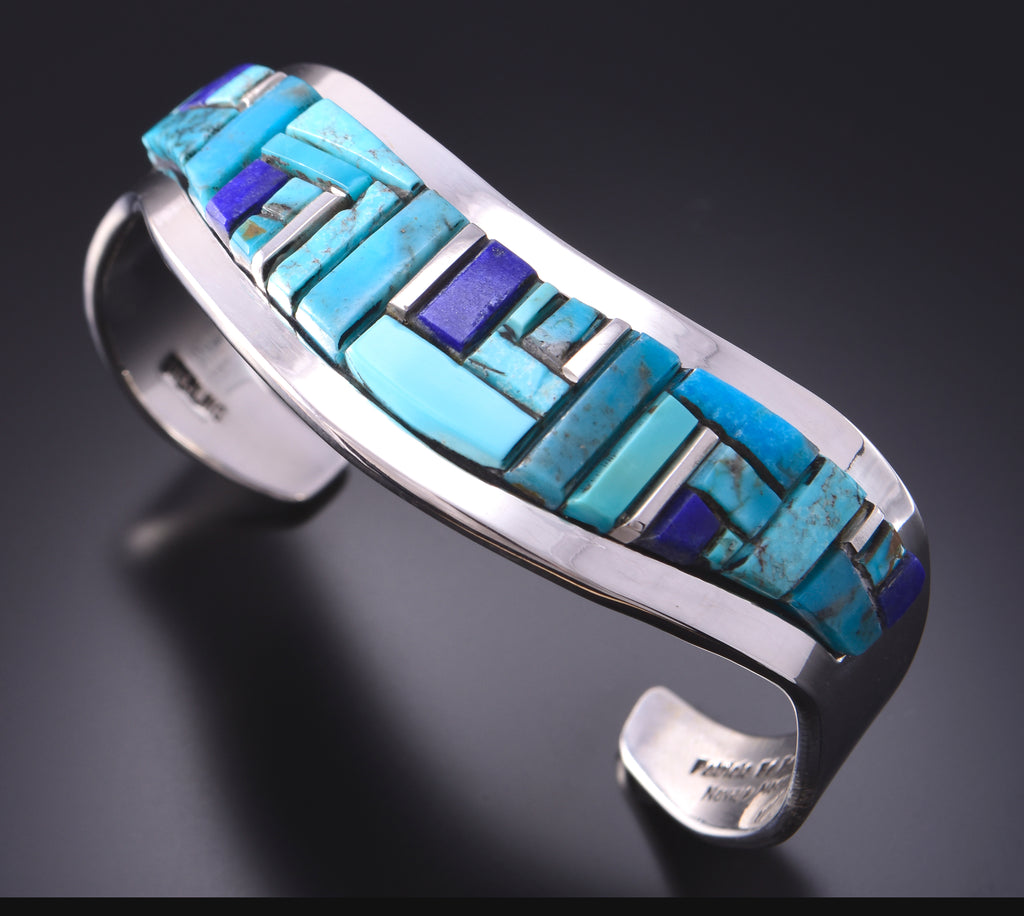 Silver & Turquoise & Lapis Navajo Inlay Bracelet by Patricia Ed Wallace  3F10P