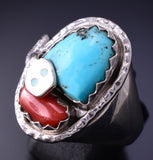 Size 10-1/2 Silver & Turquoise Coral Zuni Men's Ring Signed Effie Calavaza 4L10B