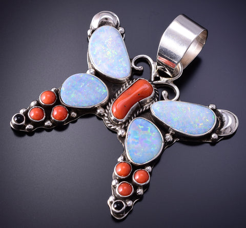 Silver & Coral Multistone Navajo Inlay Butterfly Pendant 4K10E