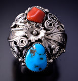 Size 10-1/2 Silver & Turquoise Coral Navajo Men's Ring by Sarah Yazzie 4L10O