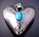 Reversible Silver & Turquoise Navajo Handmade Puffed Heart Pendant 4K10J