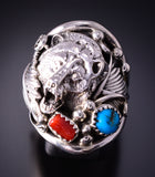 Size 8-3/4 Silver & Turquoise Coral Navajo Bear Ring by Jeanette Saunders 4F10L