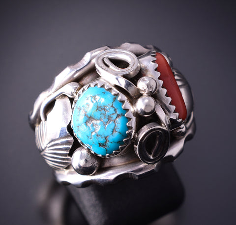 Size 9-1/2 Silver & Turquoise Coral Feathers Navajo Ring by Max Calladitto 4F10M