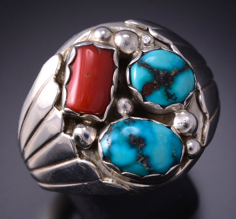 Size 13-1/2 Silver & Turquoise Coral Navajo Ring by Annie Spencer 4M16K