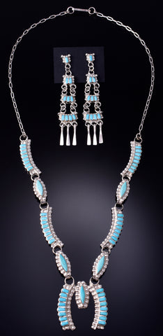 Silver & Turquoise Zuni Inlay Necklace & Earring Set by Linda Shelandewa 5B06J