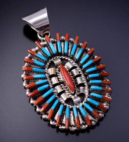 Turquoise and Coral Needle Point Pendant by Carla Laconsello 4L20X