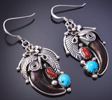 Silver & Turquoise Coral w/ Faux Bear Claw Navajo Earrings 4K07Q