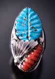 Size 11 Silver & Turquoise Coral Feather Zuni Men's Ring by Lyolita Tsatte 4F10H