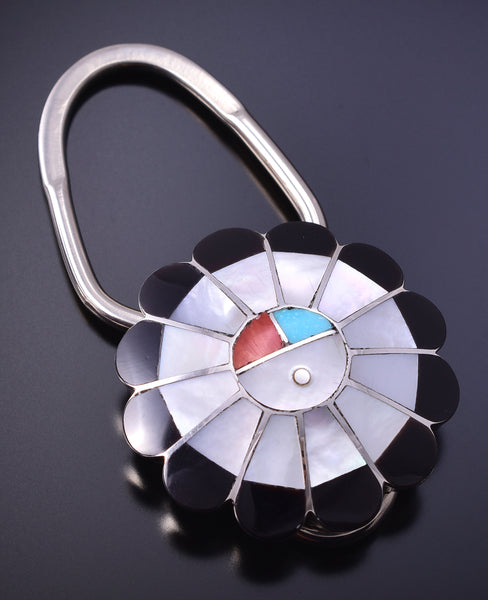 Silver & Turquoise Multistone Zuni Sunface Inlay Key Ring by Denise Siutza 4L07T